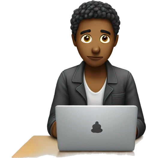 Person working on a laptop but sad emoji