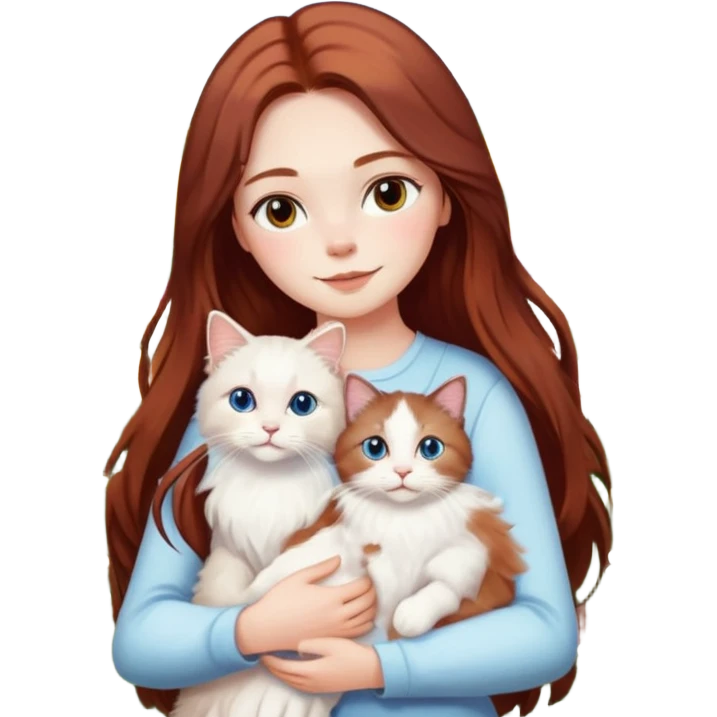 A woman with long dark auburn hair holding a white ragdoll cat in a field of flowers emoji