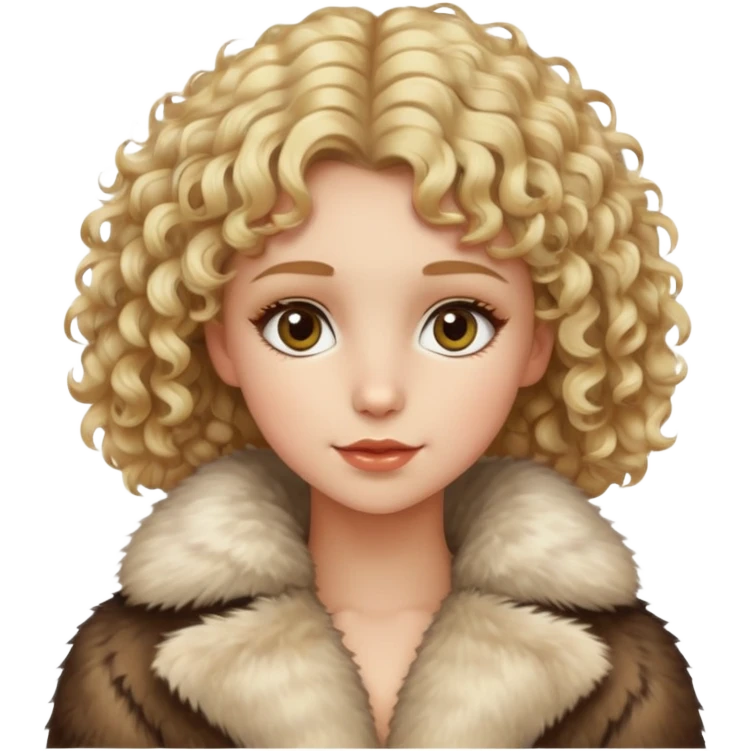 Caucasian girl with short curly Blonde hair and hazel eyes in fur-coat  emoji