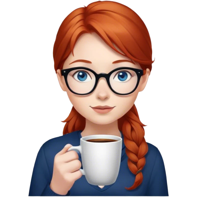 redhead girl with glasses holding a cup of coffee, she has blue eyes emoji