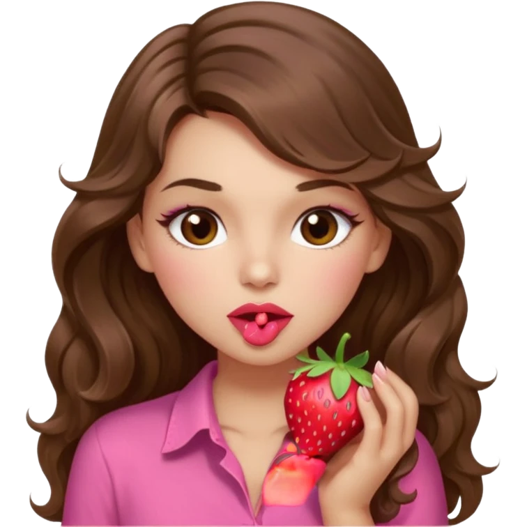 girl with long wavy brown hair, brown eyes, light to medium complexion, in a pink shirt, pink lips, long lashes, sexy , puckering lips kissing, blushing, eating a strawberry sexy emoji