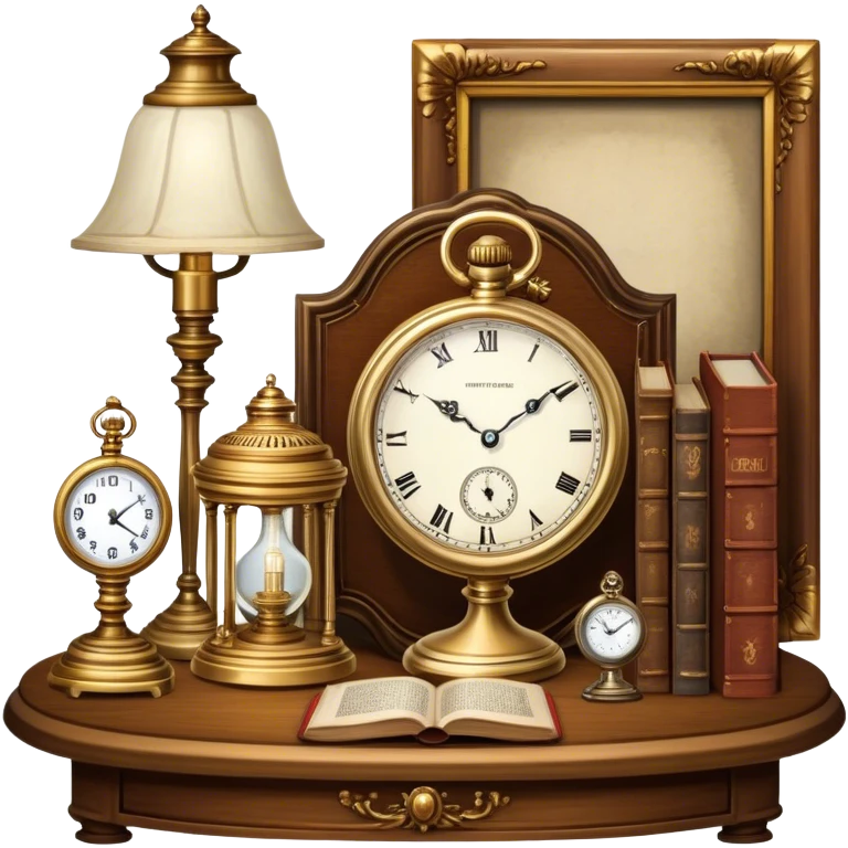 Icon for Antiques Collecting: antique furniture , a vintage pocket watch, an old ornate lamp and a porcelain figurine, all placed on a wooden antique table surrounded by aged books and a magnifying glass. The icon should evoke the elegance and history of antique collecting. Transparent background. emoji