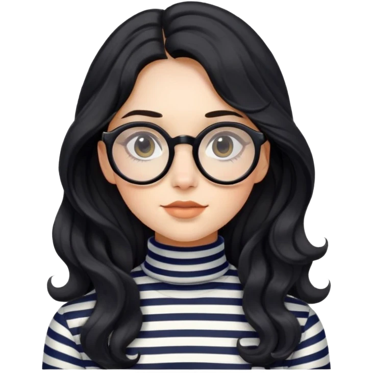 Menina de cabelo longo preto e ondulado que usa óculos redondo e vestida com uma camisa listrada de gola alta emoji