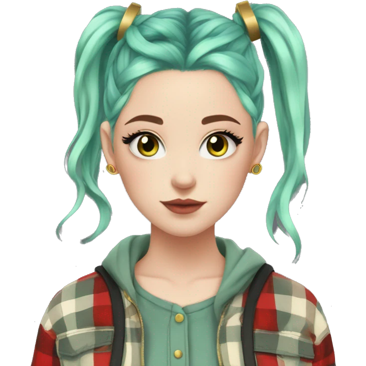  Pale girl, blue eyes, green hair, space buns hairstyle, wearing a red flannel, gold hoop earrings, thick wing eyeliner emoji