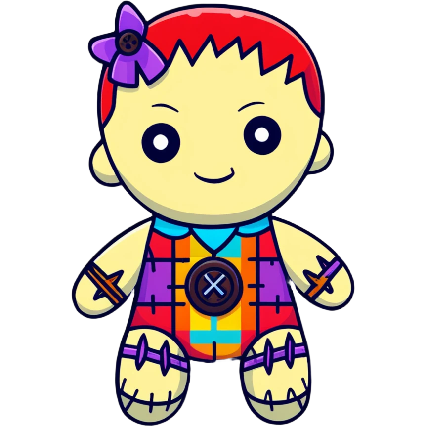 A colorful voodoo doll with patchwork fabric in bright colors, decorative buttons for eyes, and colorful pins sticking out of it emoji