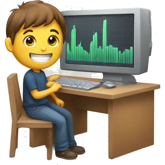 A computer with trading graphs going up and a happy boy  emoji