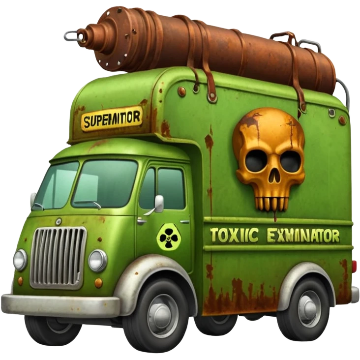 Heroic SuperBug Ron’s toxic-oozing exterminator superminator antique tall moving van (motto: Pay us to kill ’em) emoji