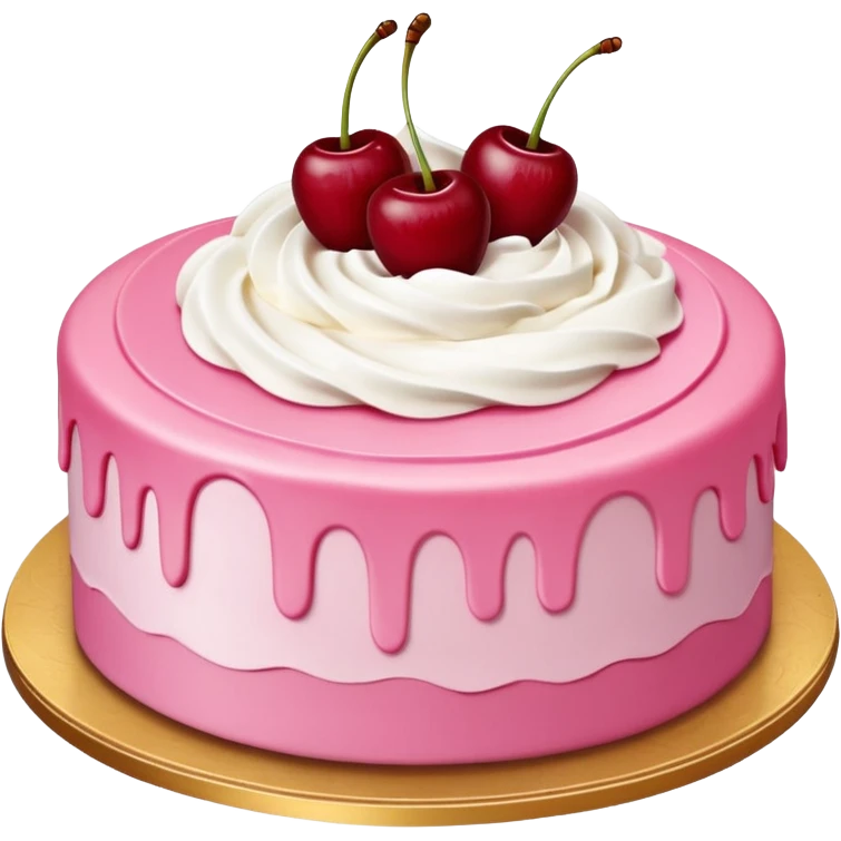 Round pink frosted cake with textured buttercream sides, placed on a gold cake board.
White whipped cream swirls on top, each topped with glossy red cherries with stems, clean studio lighting, isolated background, realistic minimal smooth emoji-style. emoji