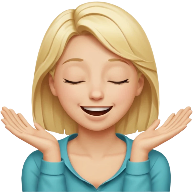 Happy blonde girl with eyes closed and mouth wide open and hands cupped around her neck - her eyes are squinty with excitment mo emoji