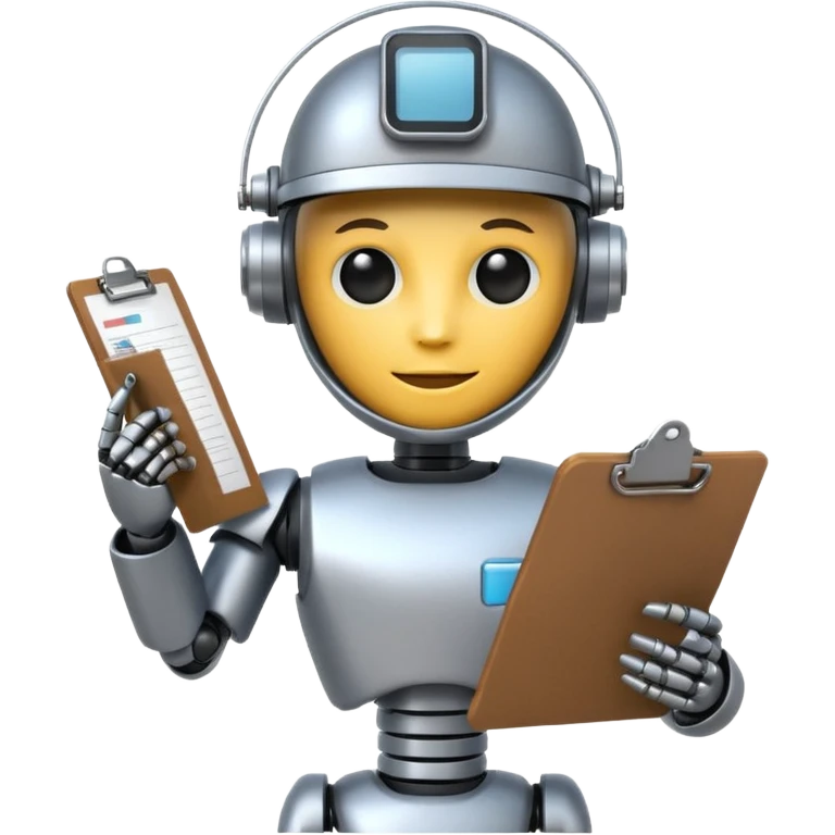 recruiter robot emoji, flat, cute, metallic, holding a clipboard emoji