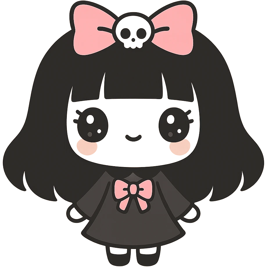 kawaii gothic girl with pink bow and skull charm, gothic style, big eyes, dramatic details emoji