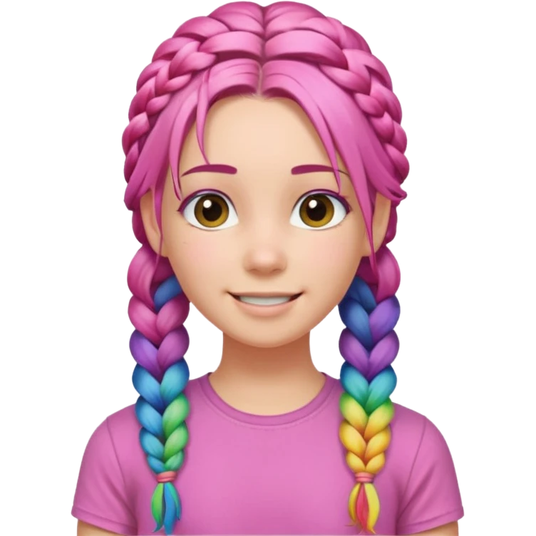 Woman with braided rainbow hair, happy — long braids, pink shirt emoji
