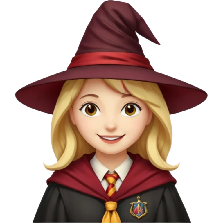 A young woman wearing a classic witch’s hat, red tie, and wizarding robes. This outfit suggests she's a student from Gryffindor House (from the Harry Potter universe), as the red tie is a signature detail of that house's uniform. emoji