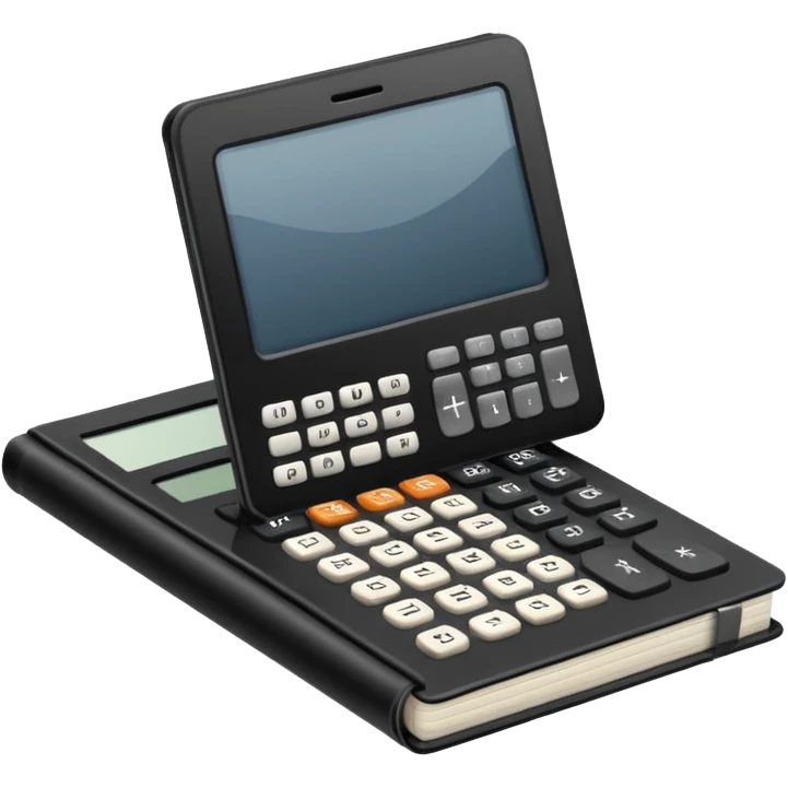 Minimalistic flat vector icon, iOS style, thin black contour on white background. Small black notebook with visible binding, placed next to a calculator. Clean, modern, no text, no shadows. emoji