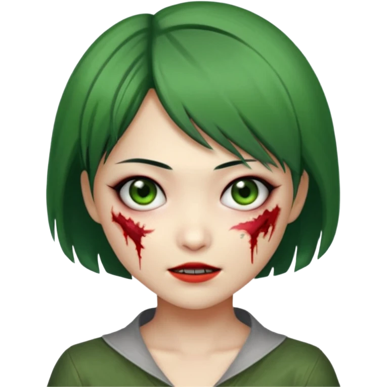 sweet Asian zombie girl emoji, short Ada Wong style hair, green skin, stitched cheek, mischievous grin emoji