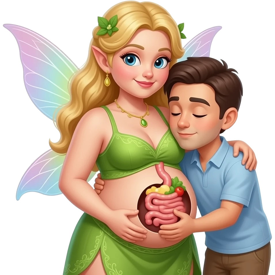 A fairy cradling her stuffed tummy after a big meal,a secret admirer wants to hug her belly and listen to those rumbling digestive noises. emoji