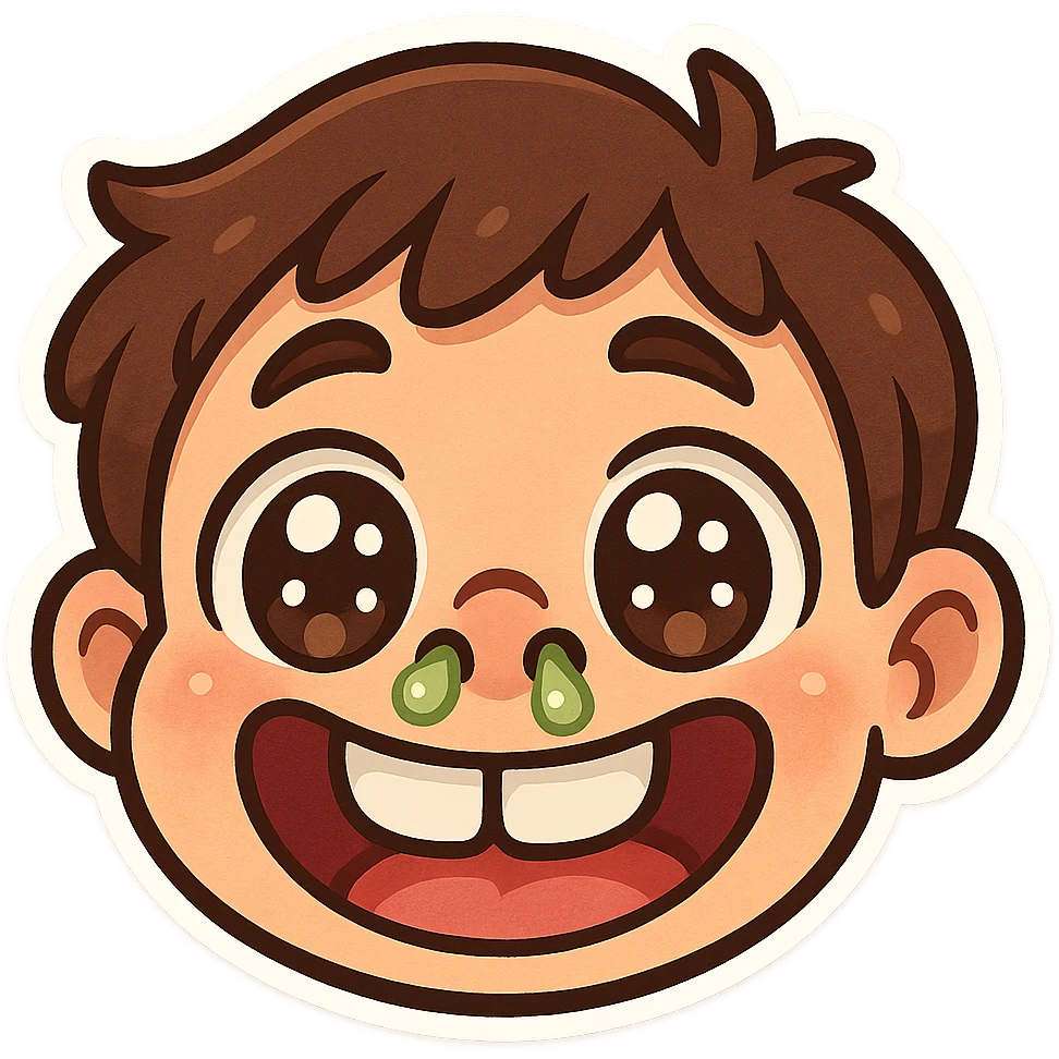 cartoon face with big eyes, big nostrils with visible boogers, big smile showing buck teeth, fun exaggerated style emoji