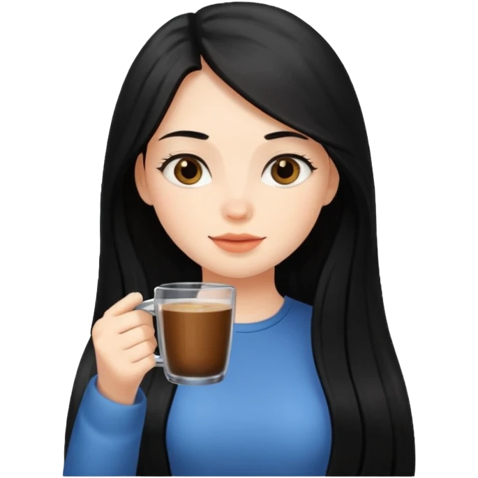 cute girl with black long hair drinking coffee in a glass emoji