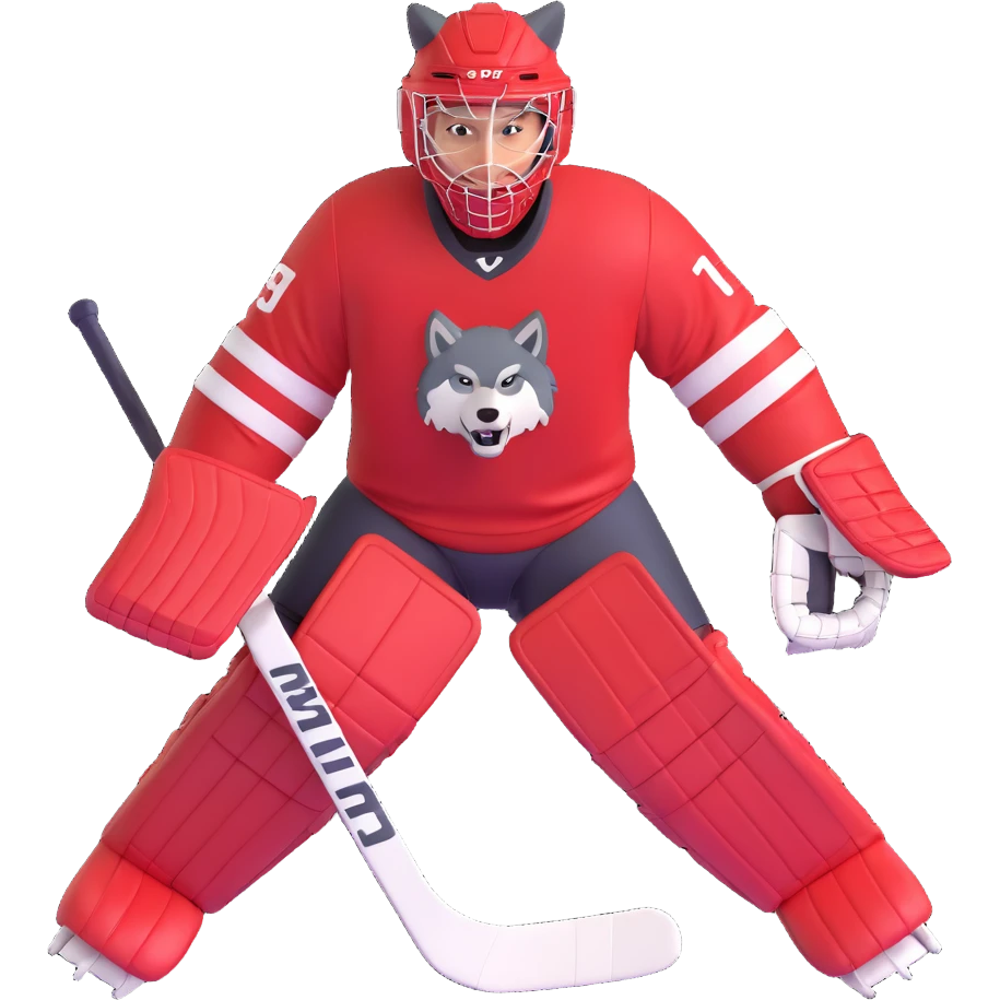 A hockey goalkeeper in red uniform with wolf image emoji