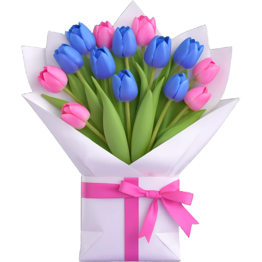a bouquet of blue tulips in a white paper bag tied with a pink ribbon, soft pastel blue colors, gentle shadows, clean and minimalistic design, 3D iOS emoji style emoji