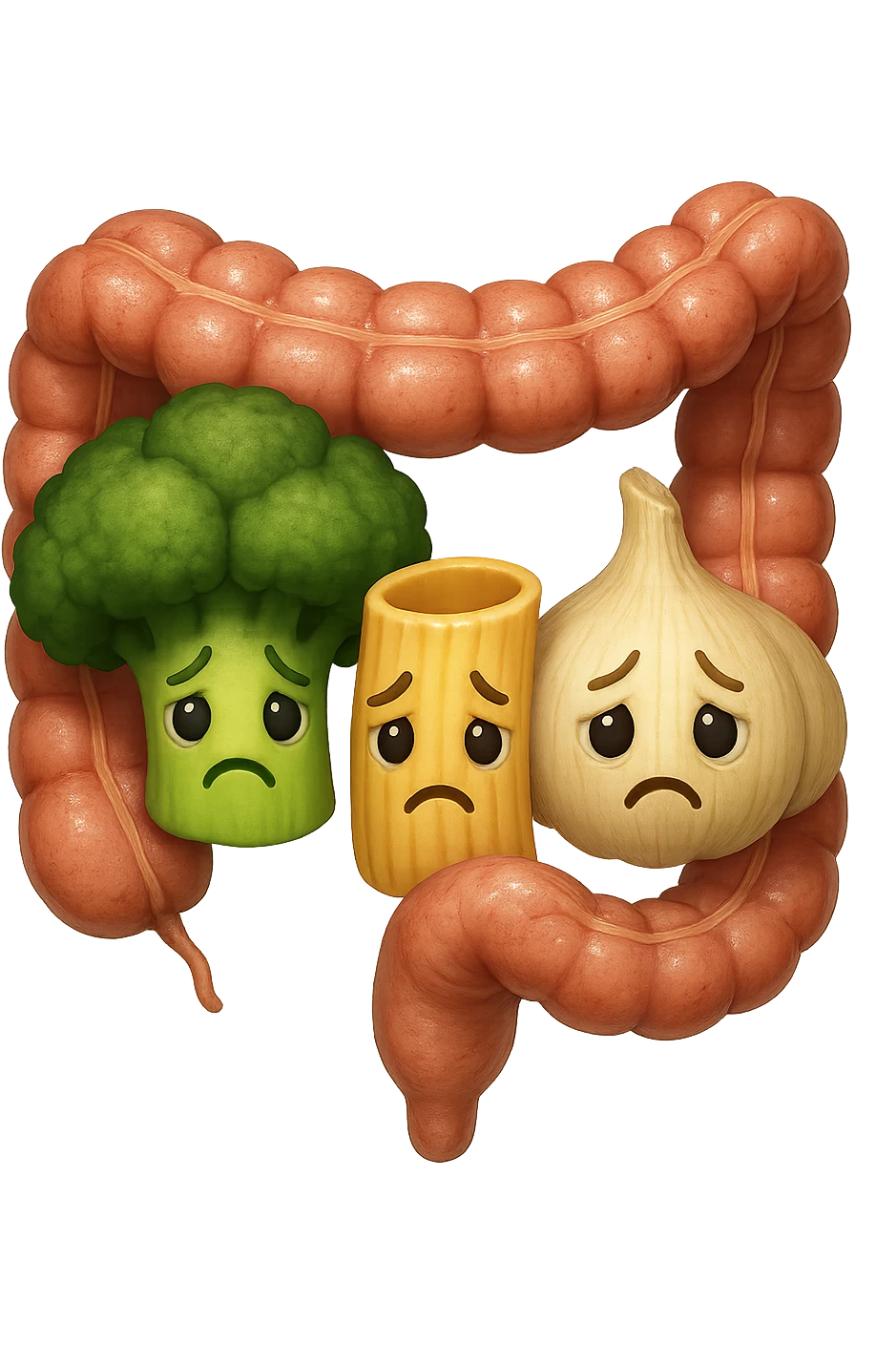 EMOJI STILE IPHONE DI broccolo, pasta, aglio con espressione triste, avvolti da pezzi di colon anatomico umano, IPERREALISTICO 4K emoji