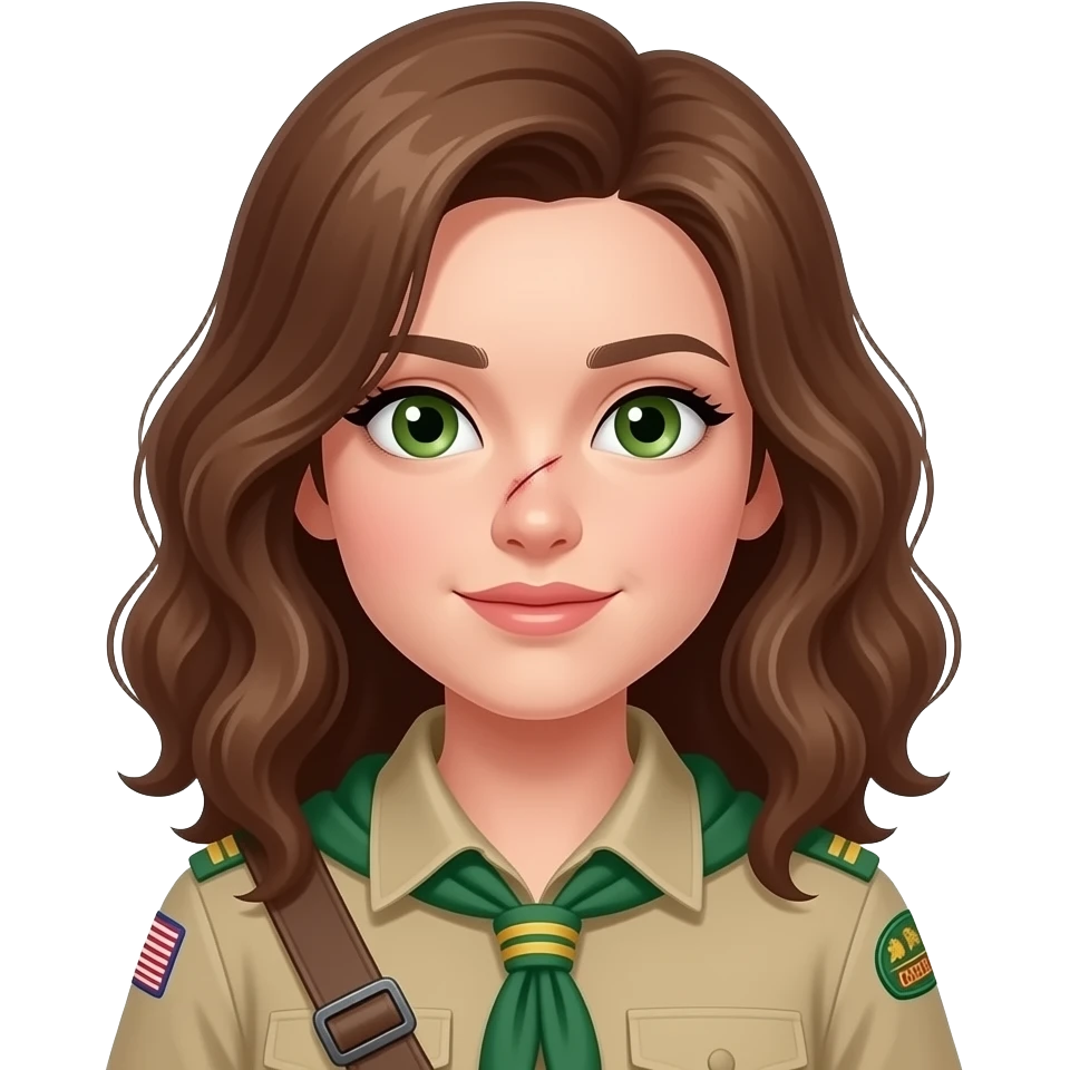 draw a girl in scout uniform with wavy hair and green eyes and a scar on her nose emoji