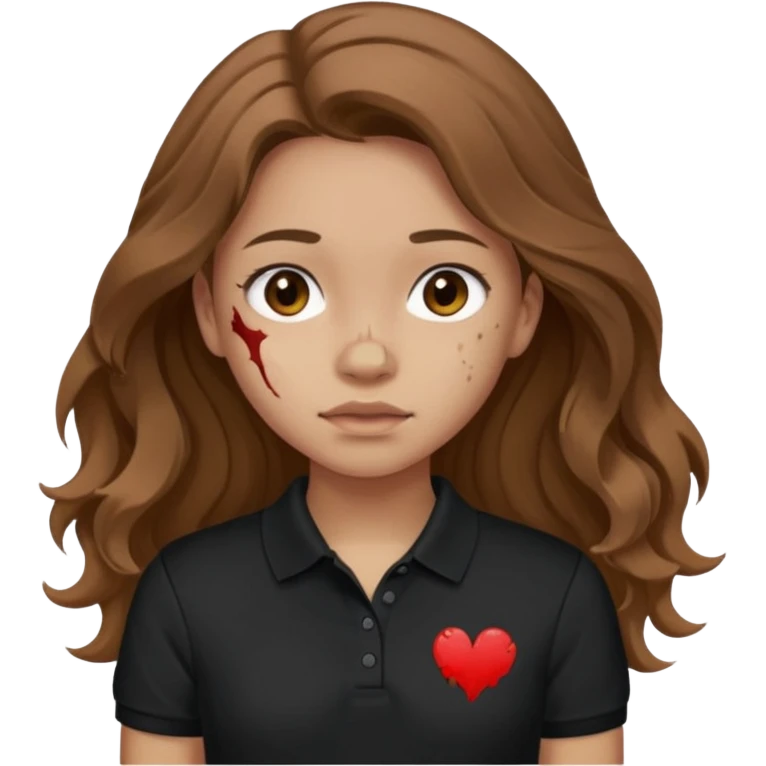 crie uma garota com ferimentos cabelo ondulado 2c longo castanho e blusa polo básica preta emoji