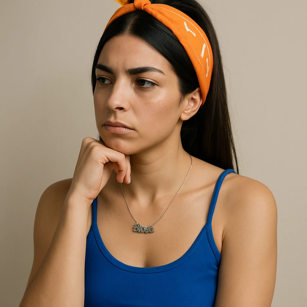 Create a hyperrealistic 4K image of a thoughtful woman, almost full figure, with her hand under her chin, inspired by the reference image. She has a reflective expression and a neutral background. This is variant 1. emoji
