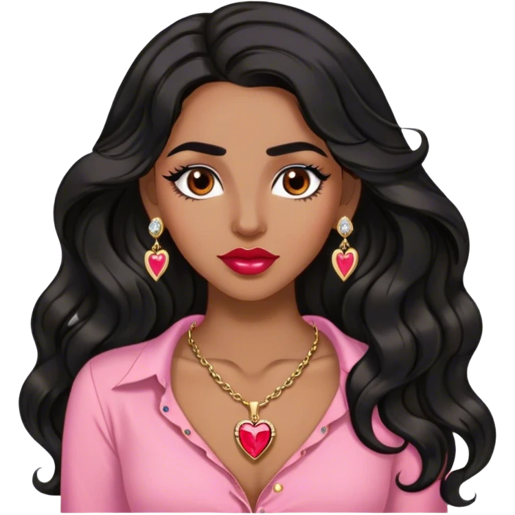 Woman,Medium brown skin,super long black wavy hair, medium brown arched eyebrows, full lashes, red nude lips, diamond stud earrings, gold heart locket, pink shirt emoji