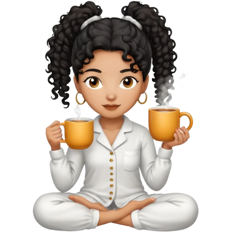 Mixed-race woman with caramel skin, black curly hair in a ponytail, wearing white pajamas, holding a steaming mug of tea emoji