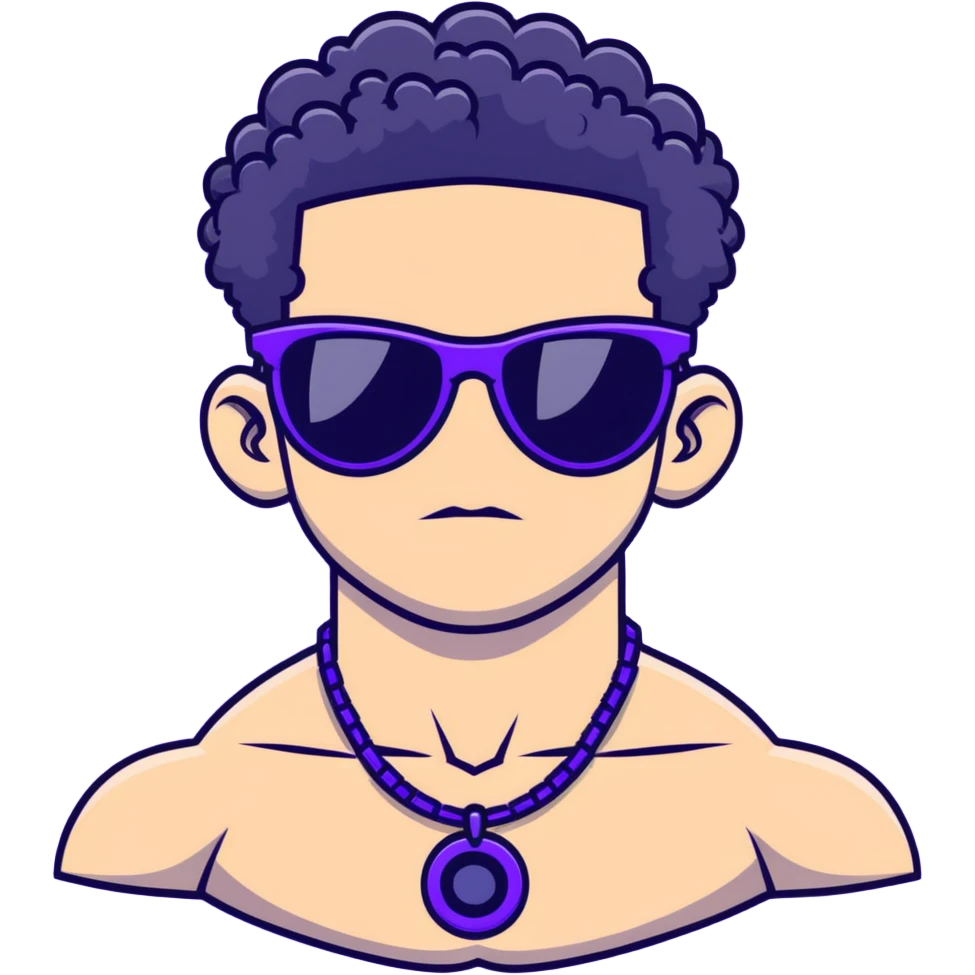 shirtless male athlete with white skin and moderately curly black hair on top with shaved sides, wearing purple sunglasses with black tinted lenses and a shiny black necklace emoji