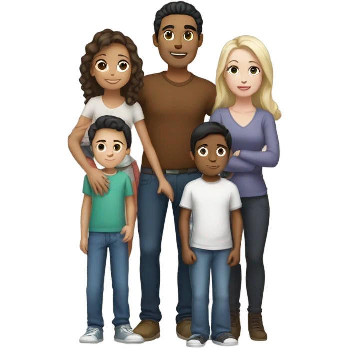 Couple with three kids. Mixed man. White woman. emoji