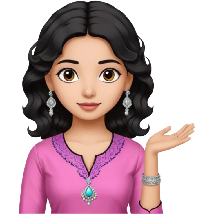 a pretty bratz fair indian girl wearing a pink kurti,  Silver jhumkas, black wavy hair emoji