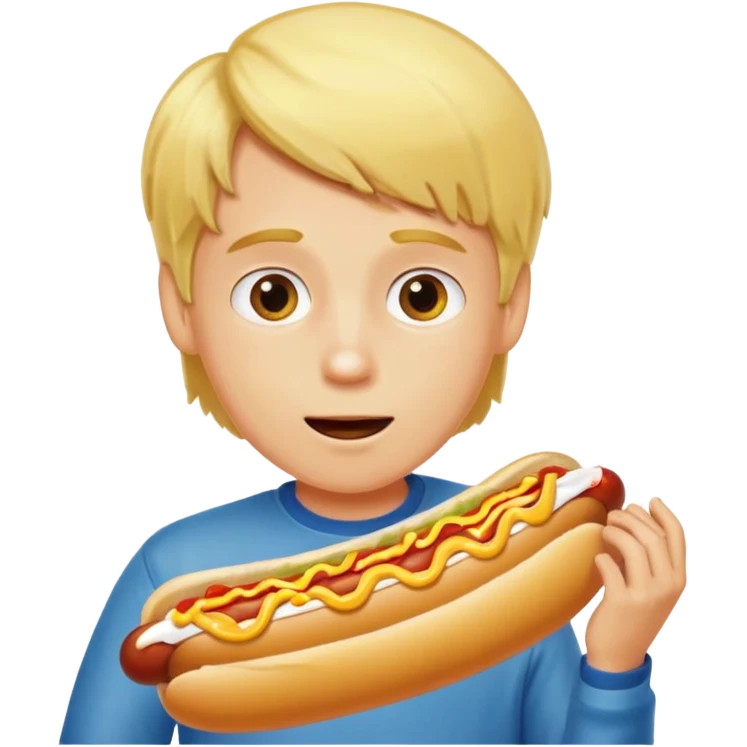 A boy taking a huge bite of a hot dog loaded with mustard and relish.





















 emoji