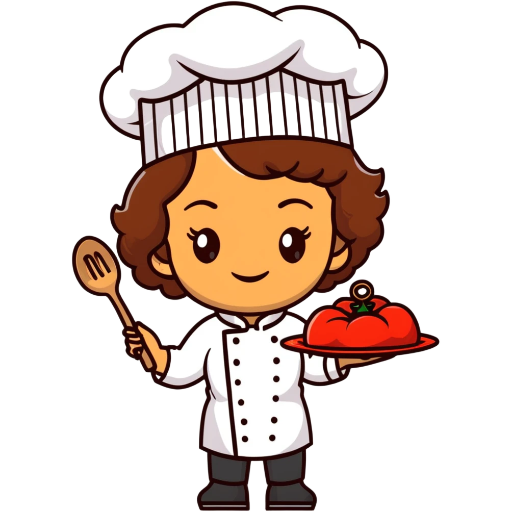 Light brown skinned mixed-race female chef with medium-length curly brown hair, wearing a chef's hat (toque), with both an angel halo and devil horns on her head emoji
