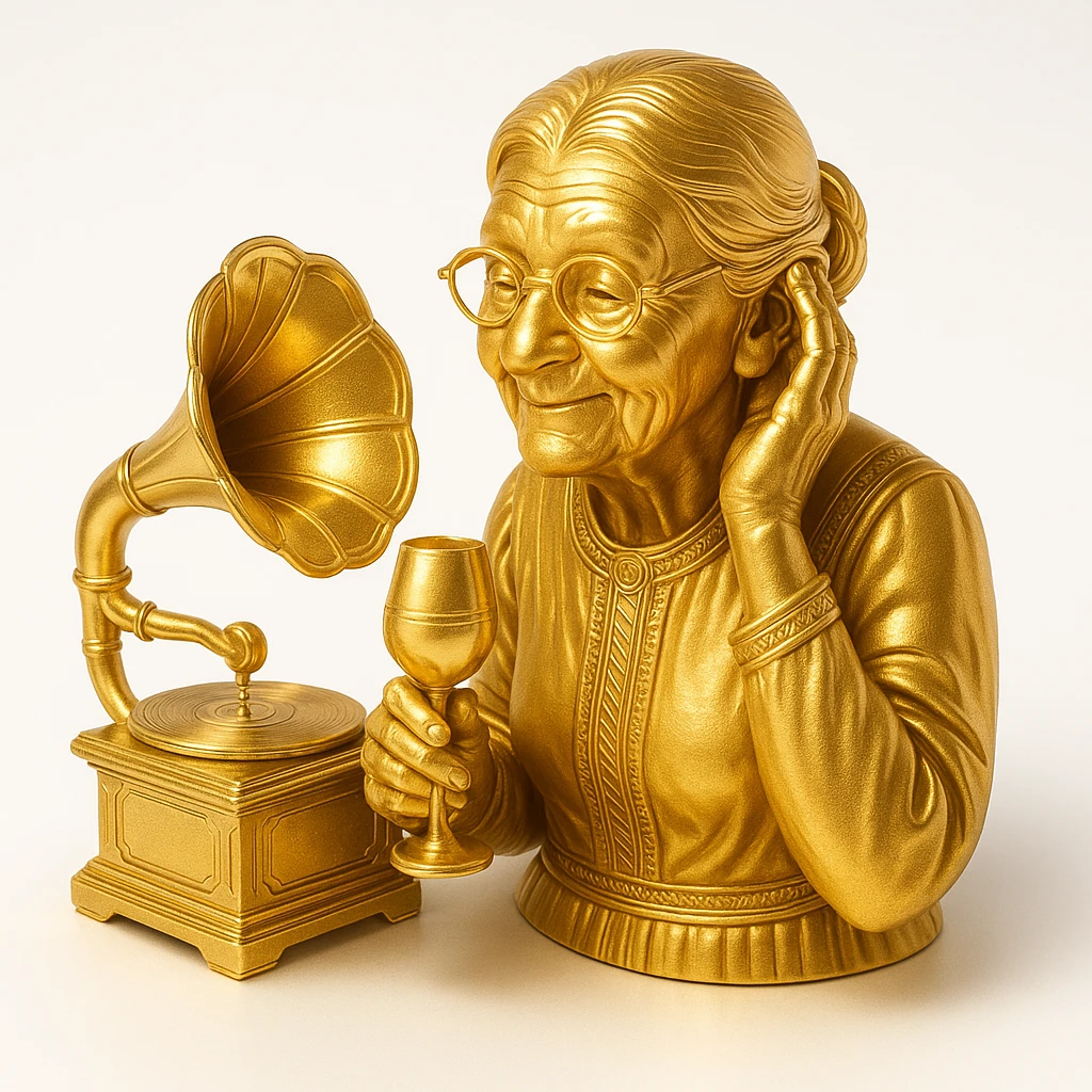 old lady with wineglass listening to gramophone emoji