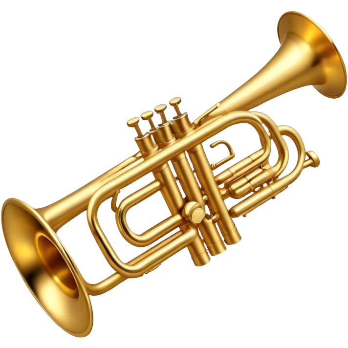 Cinematic Realistic Trumpet, rich golden brass with subtle tarnish marks, soft highlights emphasizing the intricate details, warm reflections of stage lighting bouncing off the metal, glowing with bold and triumphant energy. emoji