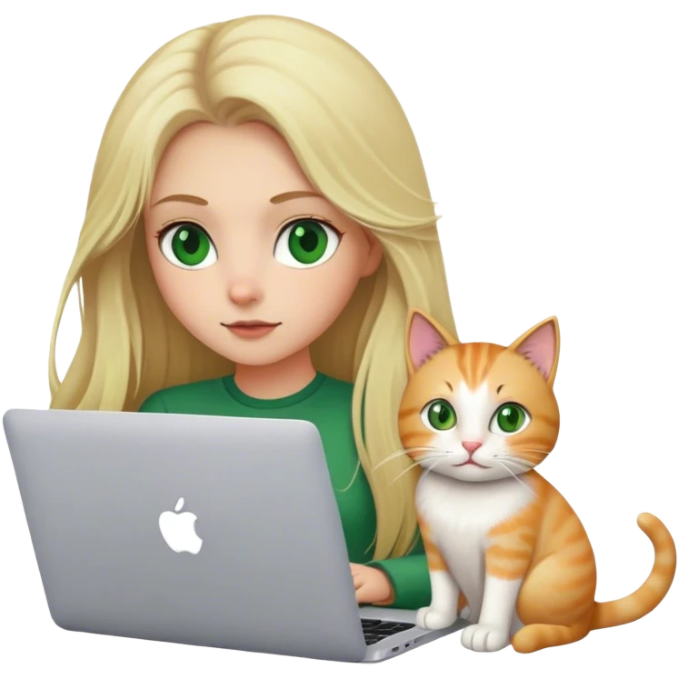 Long hair Blonde girl green eyes with apple MacBook and a cat emoji