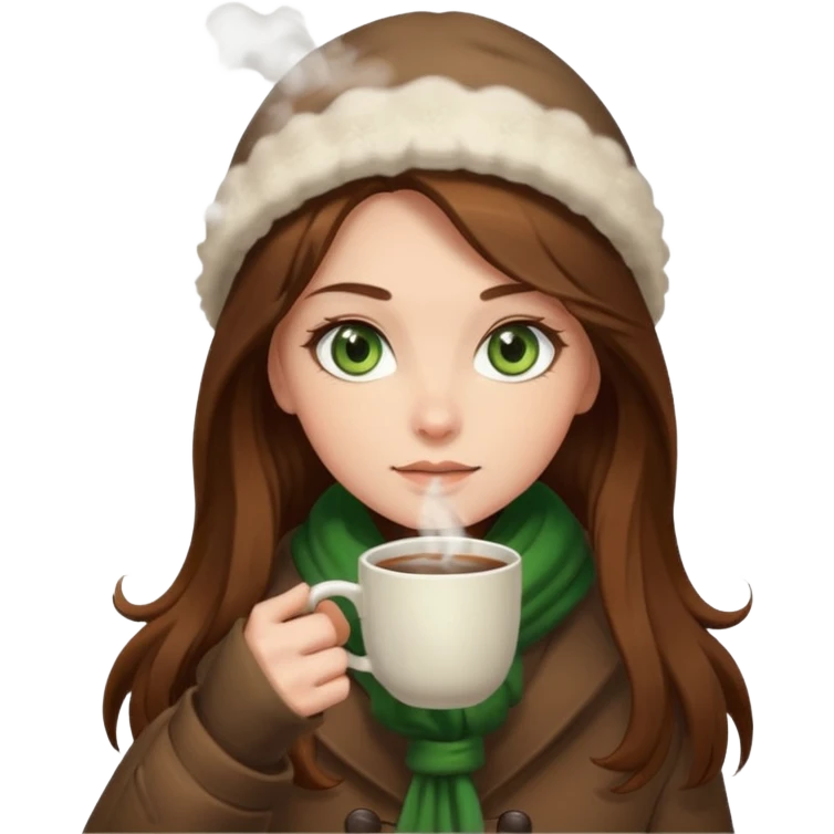 Girl green eyes brown long hair with brown-white winter clothes with coffee in her arms emoji