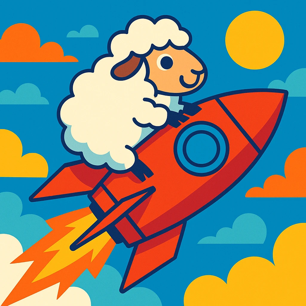 sheep flying on a rocket, vibrant toon cartoon style emoji