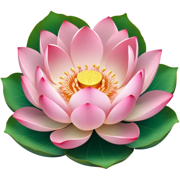 Accurate lotus flower with pink petals and botanically correct lotus leaf - round with distinctive notch, raised edges and radial veins emoji