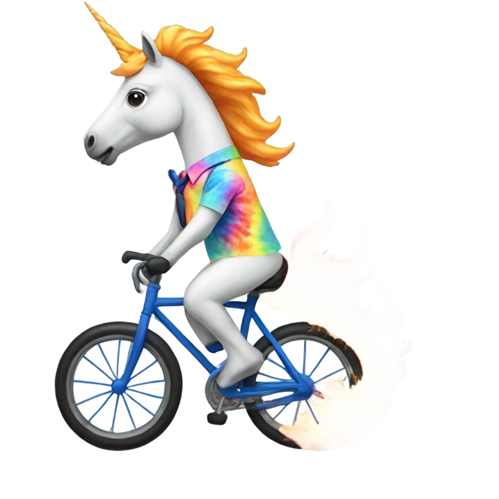 Unicorn with tie dye shirt riding a bike on fire emoji