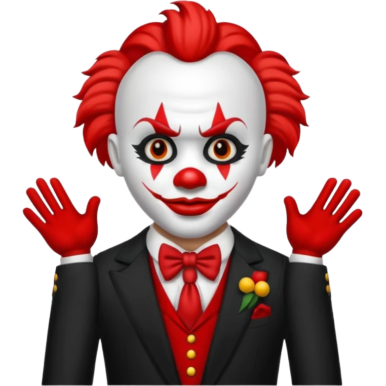 Crea un payaso con cara blanca que tenga en la frente una a en la cabeza, tengo unos cuernos negros y que en el cuerpo tengo un traje negro con rojo emoji