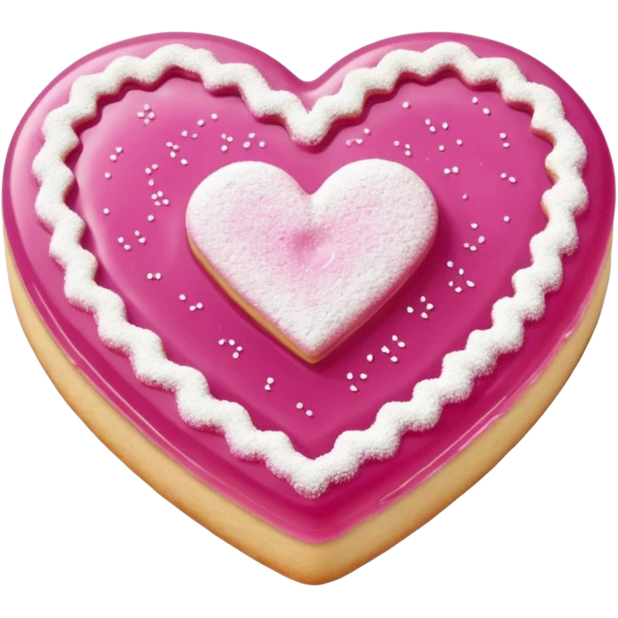 Realistic shortbread cookie in the shape of a heart with light margenta jelly middle filling and sprinkled powder sugar on top. emoji
