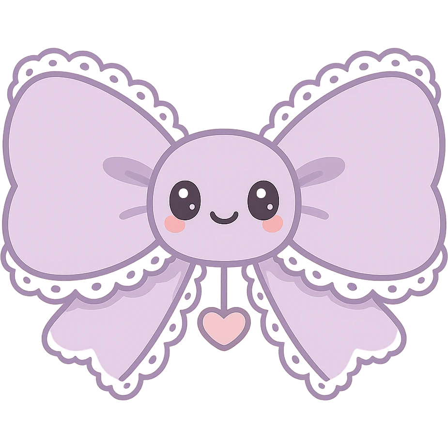 Enhance the purple bow in kawaii style by adding delicate lace trim along the edges, a small heart charm hanging from the center, and a soft, romantic touch to the overall appearance. Keep the style cute and charming with no background. emoji
