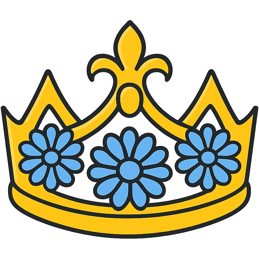 A queen level fantasy tiara-crown, golden and sun color shaded, with light royal blue colored dahlia flowers embedded in the ring of the crown, semi-realistic emoji