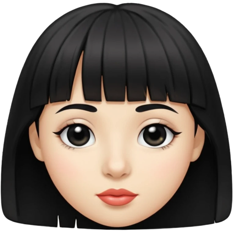 black hair with bangs, small lips, big black eyes, small large nose and dimples emoji