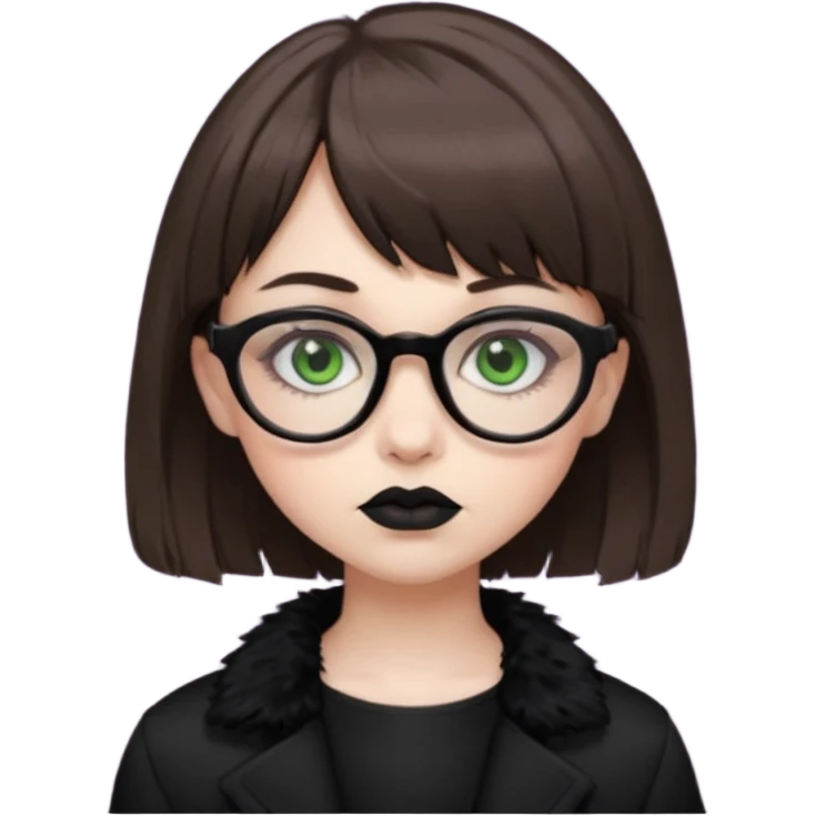 girl that has brown shaggy cut hair with baby bangs, has green eyes and wears glasses, she is goth  emoji
