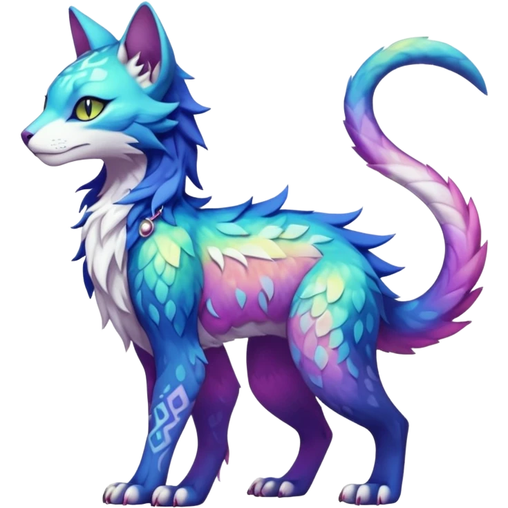 Kawaii iridescent beautiful pretty elegant divine edgy fantasy feline-vernid-sergal-Fakémon-Pokémon-fursona-animal-creature with accessories, full body, with intricate detailed markings emoji
