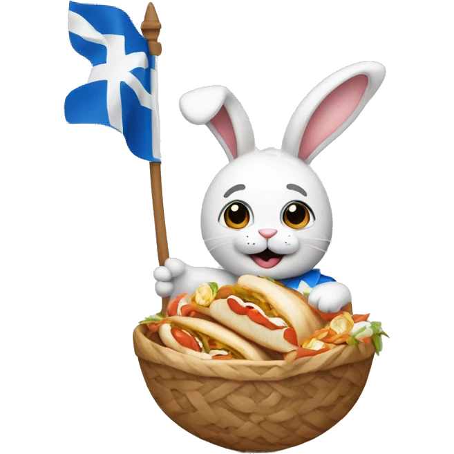 Easter bunny wearing a Greek flag holding a gyros emoji